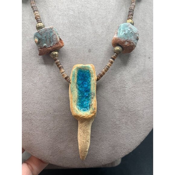 Ethnic Clay Necklace Heishi Beads Painted Rock Boho Style Unusual One of A Kind - Picture 3 of 6